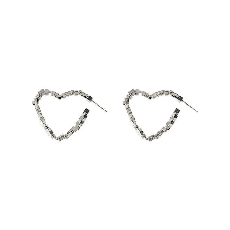 Handmade Metal Hollow Heart Beaded Stud Earrings, Premium Silver Tone Elegant Women's Jewelry