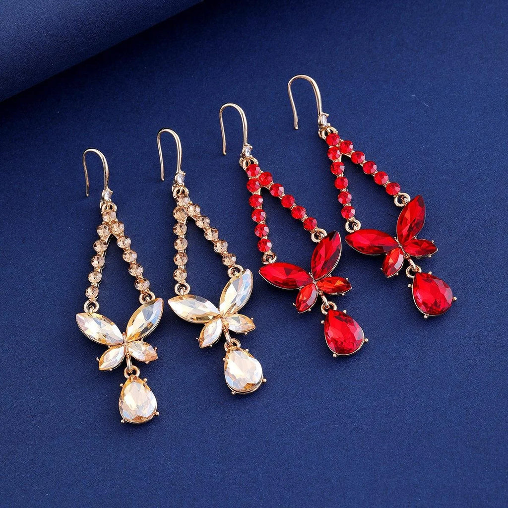 Luxury Red Zircon Bow Tassel Drop Earrings With Butterfly Crystal Pendant For Wedding Party Gift