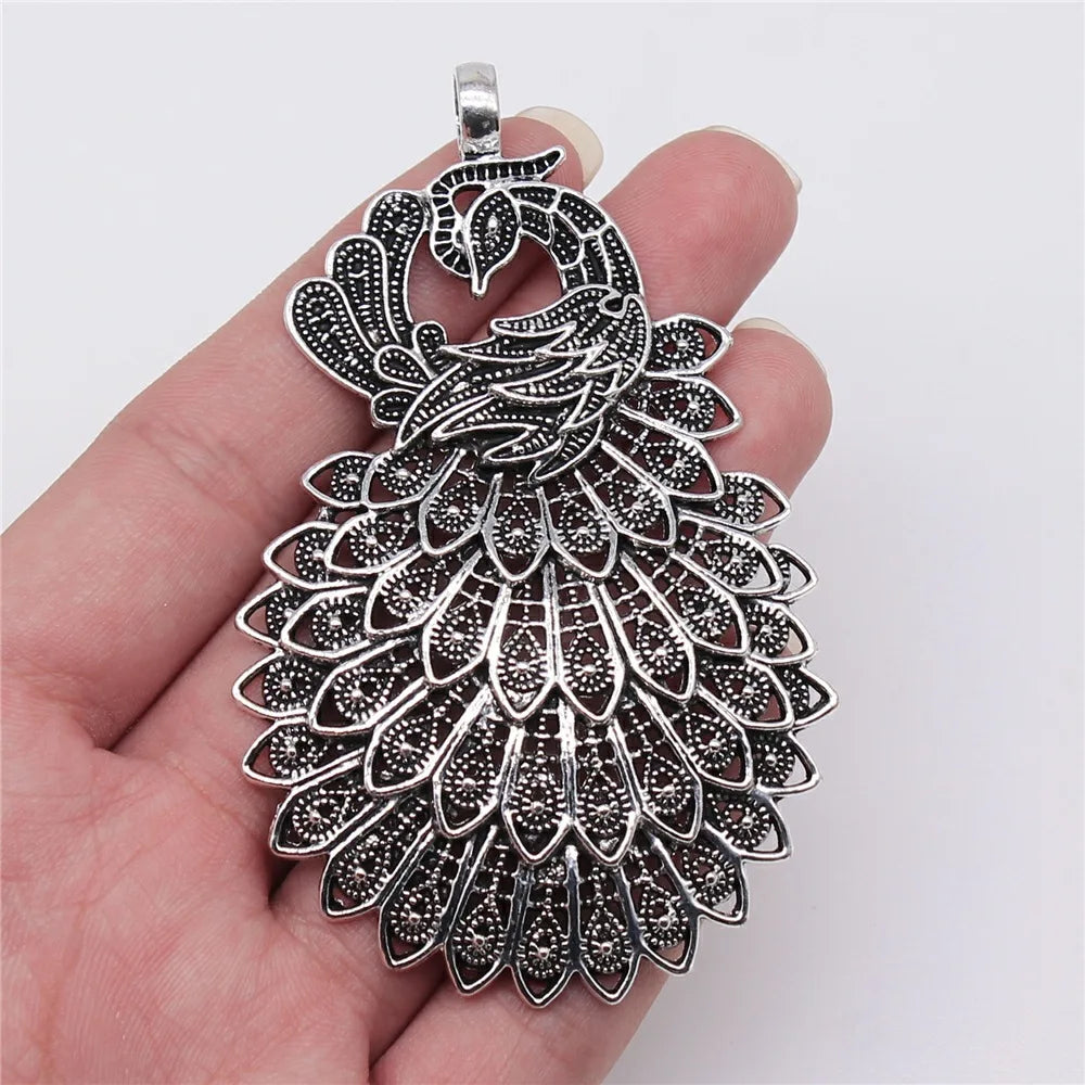 86x53mm 19g Antique Silver Zinc Alloy Large Peacock Charm Pendant for DIY Statement Necklace Jewelry