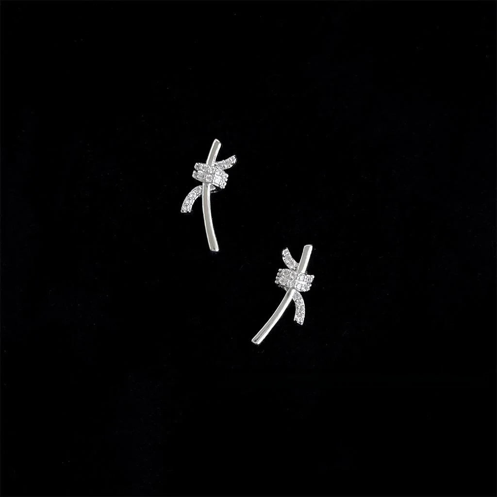Niche Designer Copper Zircon Bow Knot Stud Earrings, Minimalist Geometric Ribbon Style