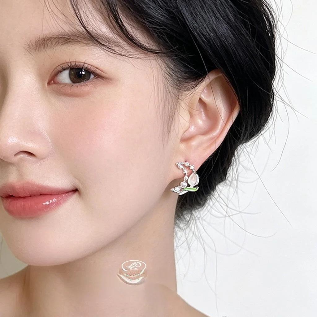 Sweet Tulip Moon Stud Earrings, Copper With High Luster Pearl, Elegant Designer Floral Jewelry