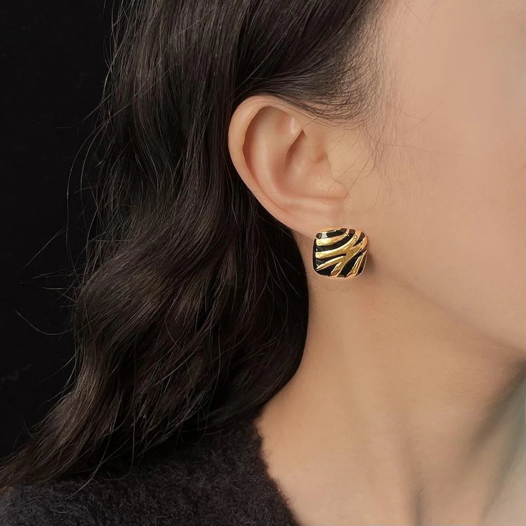 Black Gold Striped Vintage Square Copper Stud Earrings For Women