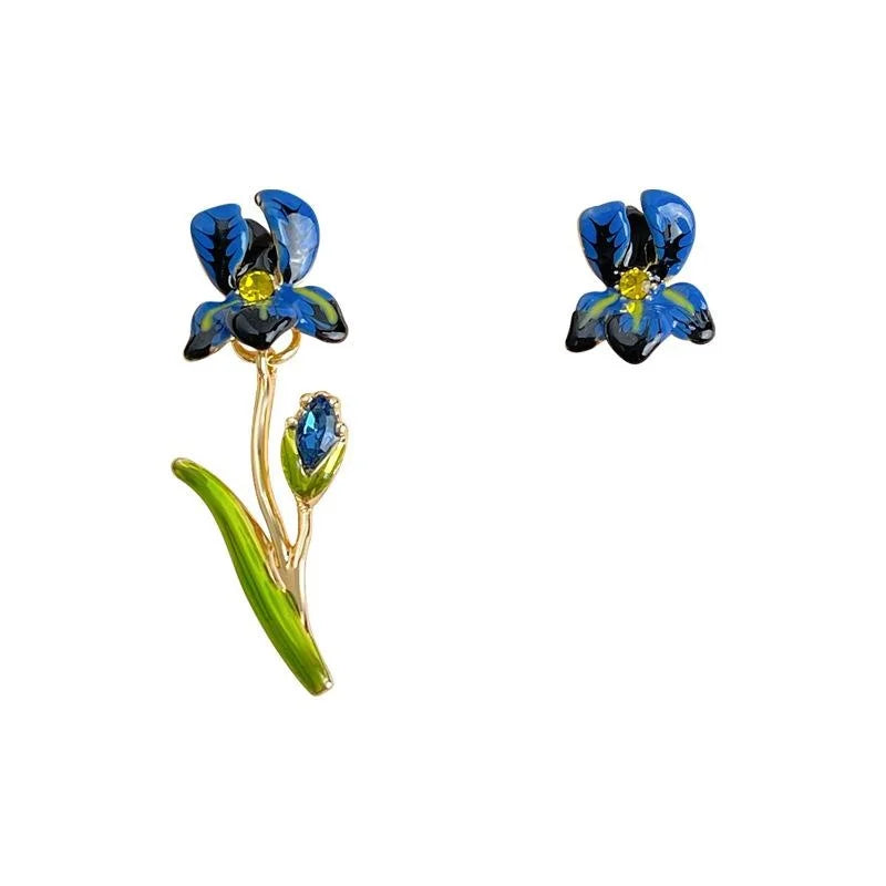 Asymmetric Iris Flower Enamel Copper 14K Plated Sweet Drop Earrings