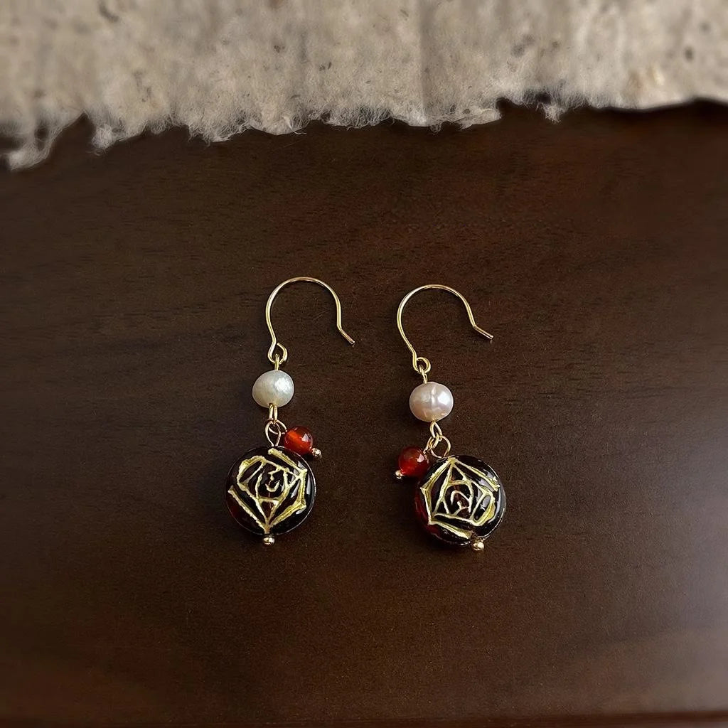 Vintage Handmade Freshwater Pearl Czech Glass Geometric Round Drop Earrings