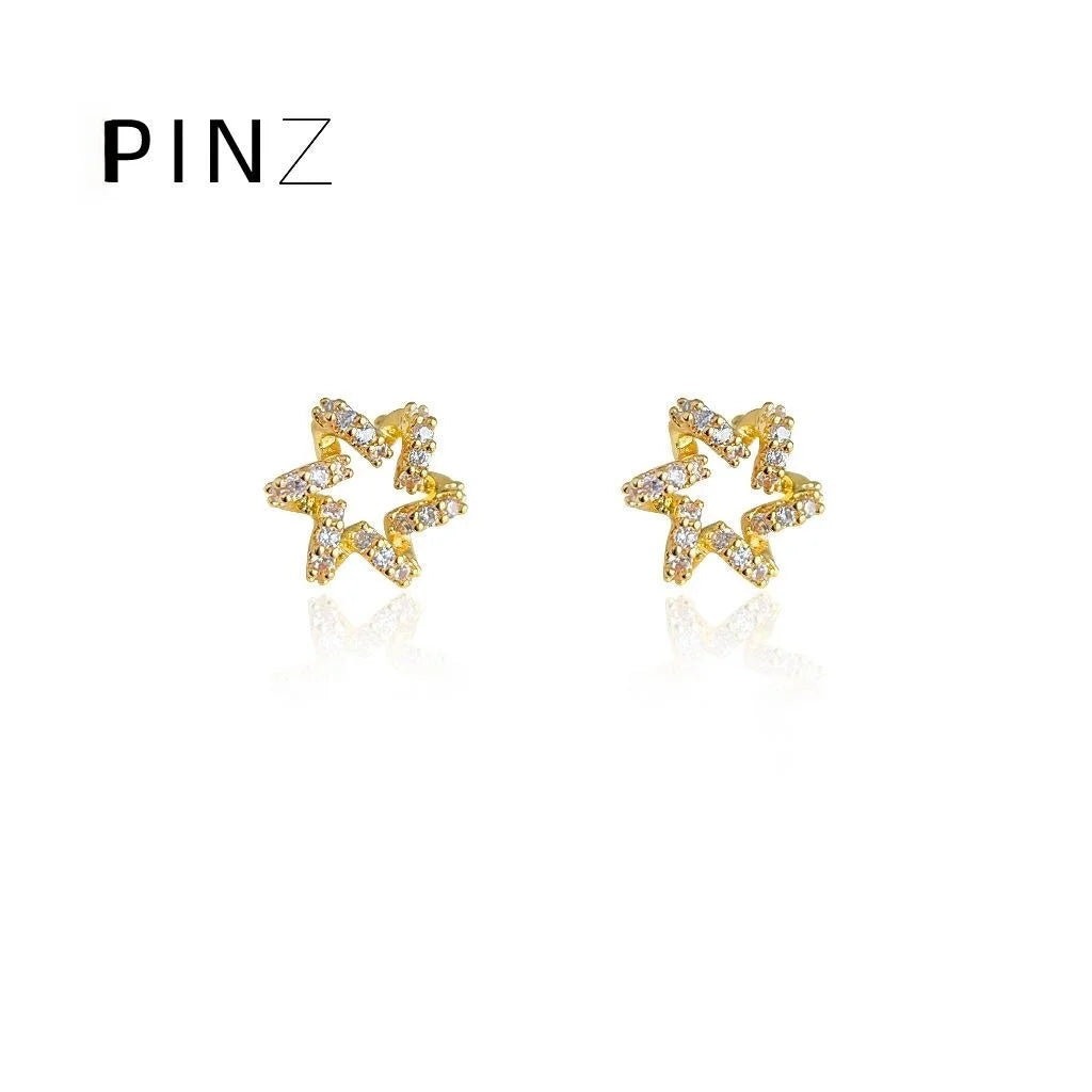 Premium 18K Gold Plated Copper Star Stud Earrings With Micro Pave Zircon Hollow Floral Design
