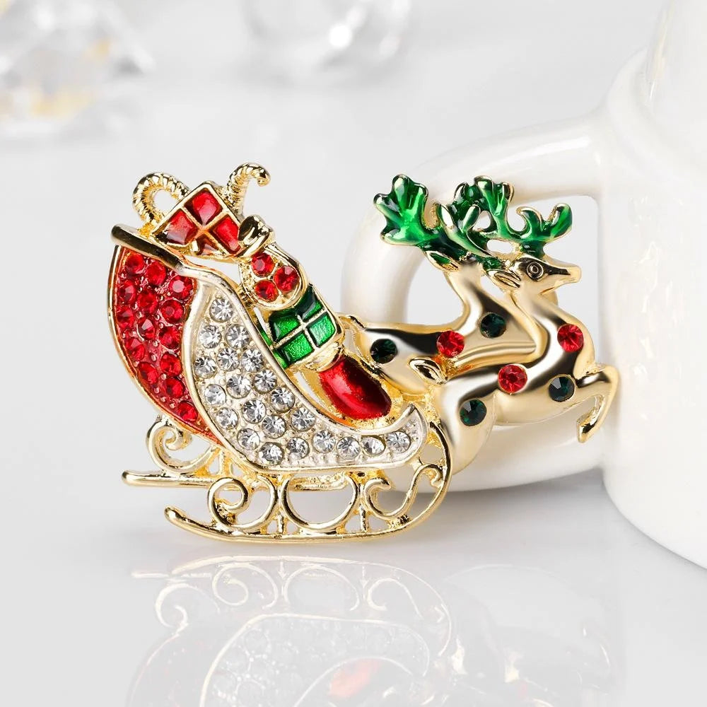 Cute Christmas Reindeer Sleigh Alloy Enamel Rhinestone Brooch, Festive Lapel Pin Corsage Gift