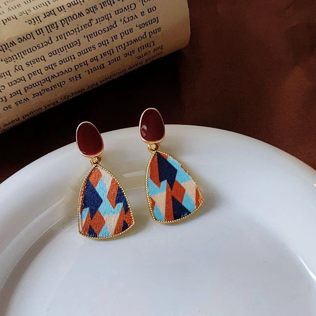 Artistic Hong Kong Style Colorblock Velvet Enamel Geometric Metal Stud Earrings