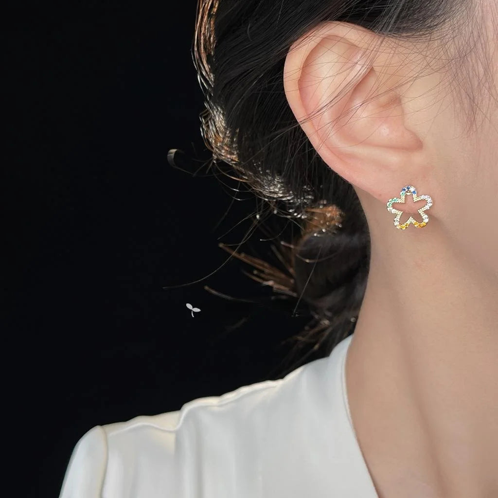 14K Gold Plated Colorful Micro Pave Zircon Hollow Flower Stud Earrings For Women