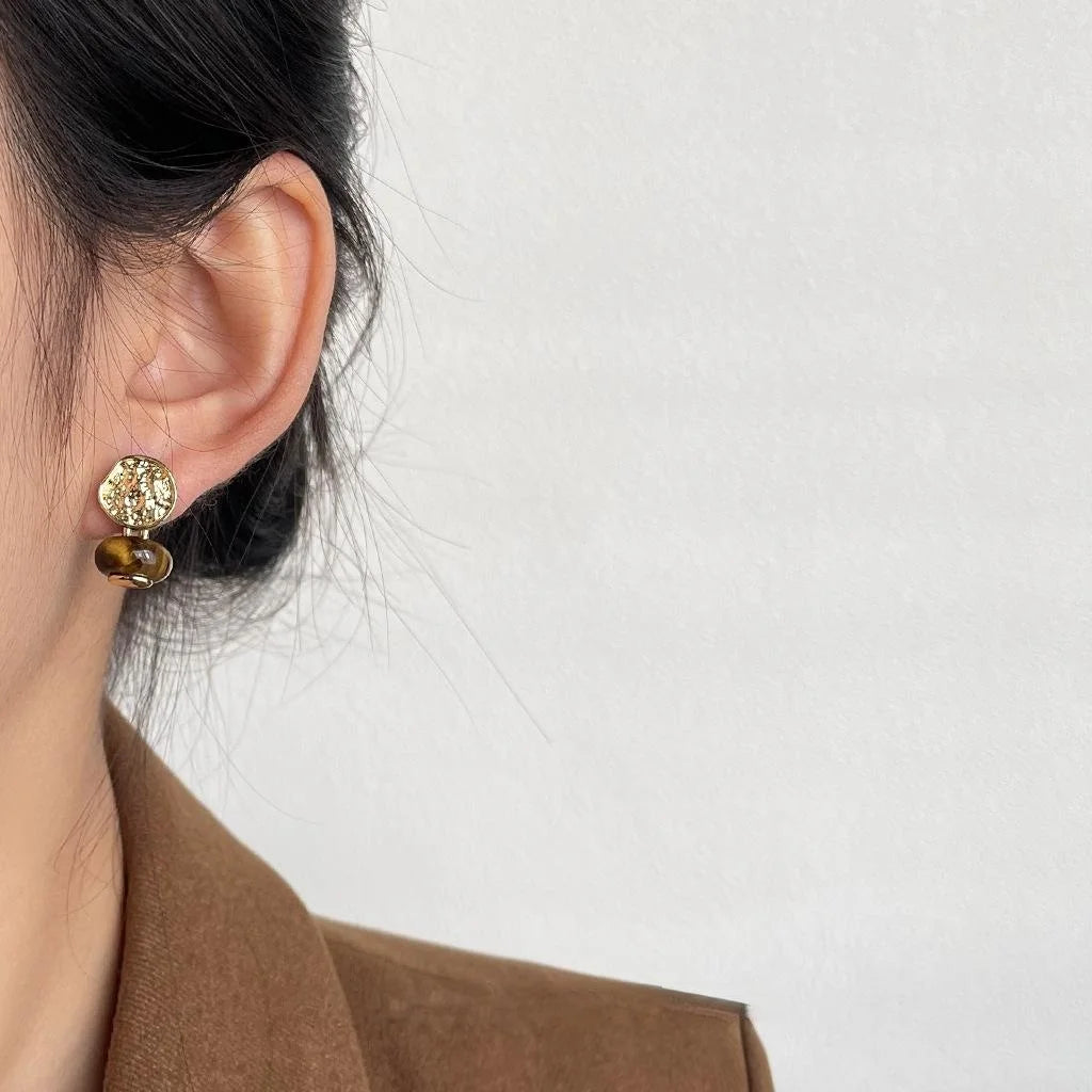 Vintage Geometric Oval Tiger Eye Stone Drop Earrings With 14K Plated
