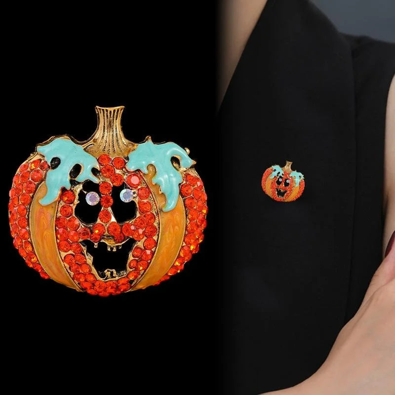 Cute Halloween Pumpkin Jack O Lantern Enamel Rhinestone Brooch, Alloy Lapel Pin Corsage Gift