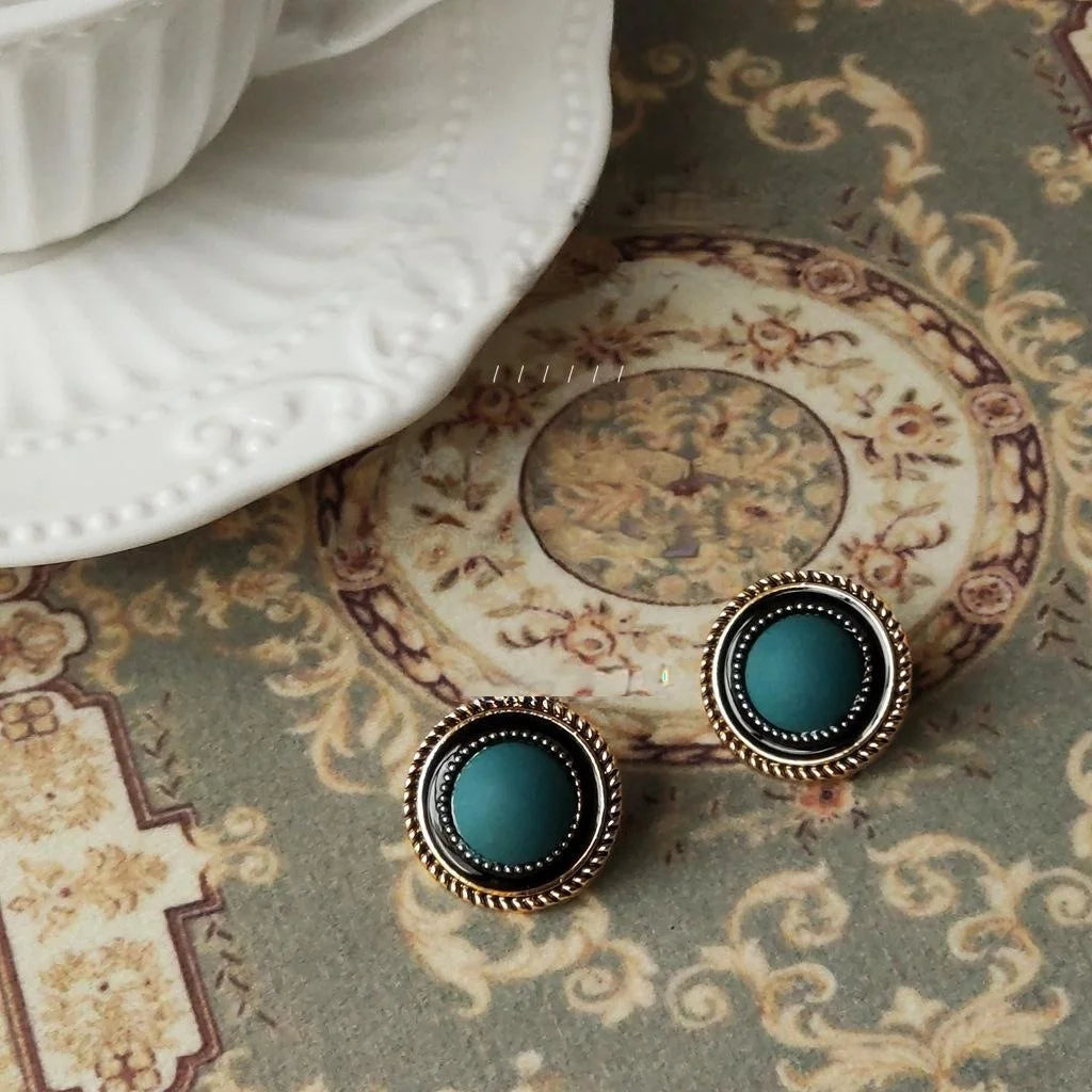 Vintage Distressed Tibetan Ethnic Blue Round Copper Stud Earrings With Silver Plated Pins