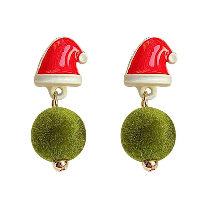 Premium Copper Christmas Santa Hat Pom Pom Drop Earrings Festive Green Red Winter Jewelry