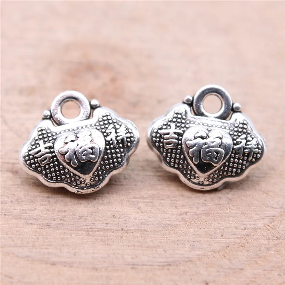 12x10mm 1.03g Antique Silver Zinc Alloy Fu Character Lock Charm Pendant for DIY Jewelry Making