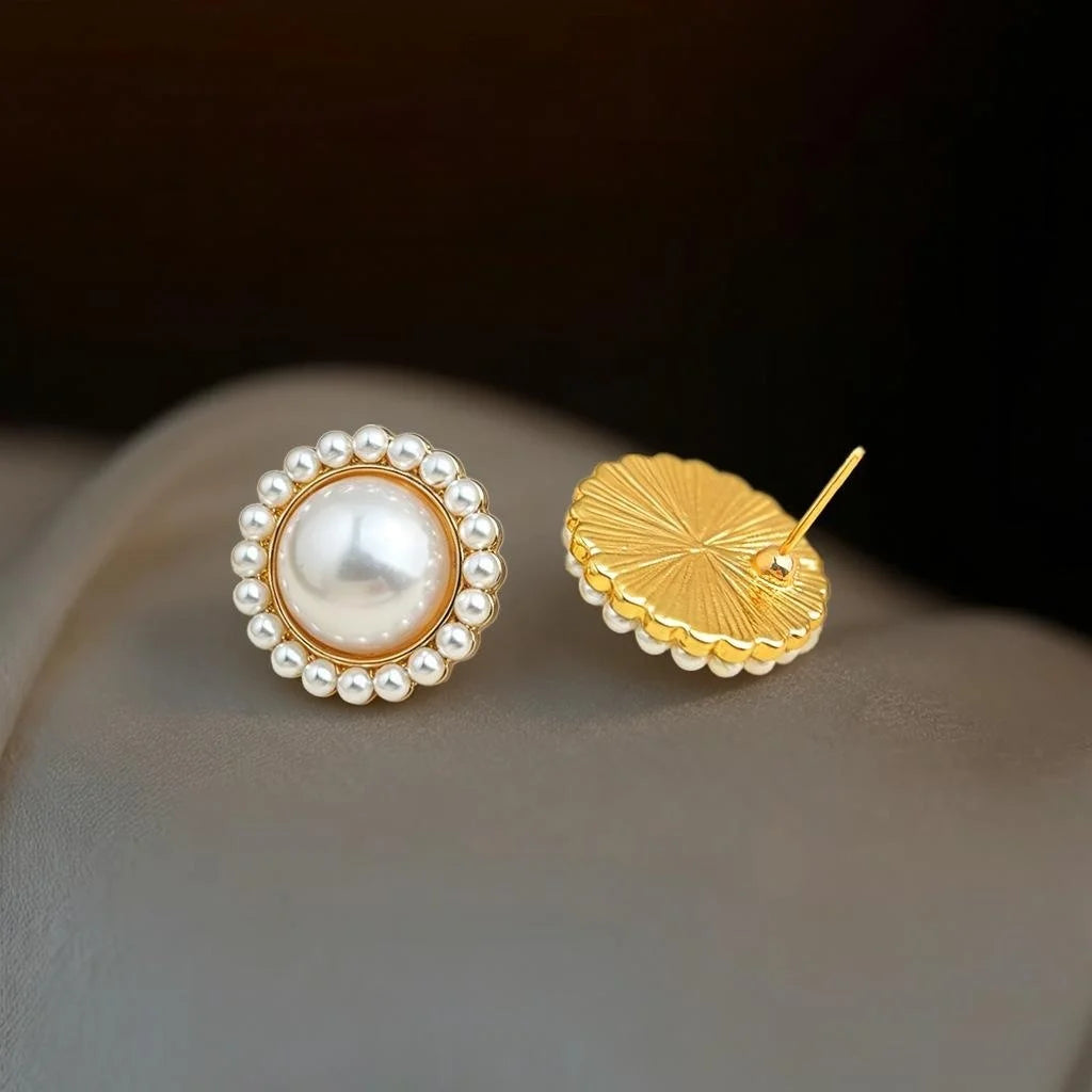 French Vintage Copper Large Pearl Stud Earrings Audrey Hepburn Style Round Geometric Jewelry