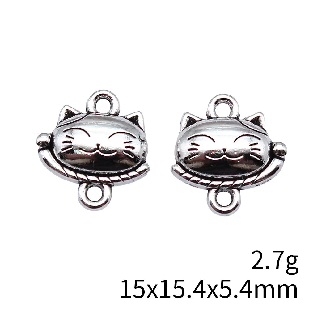 15x15.4x5.4mm 2.7g Antique Silver Zinc Alloy Lucky Cat Head Connector Charm for DIY Bracelet Jewelry