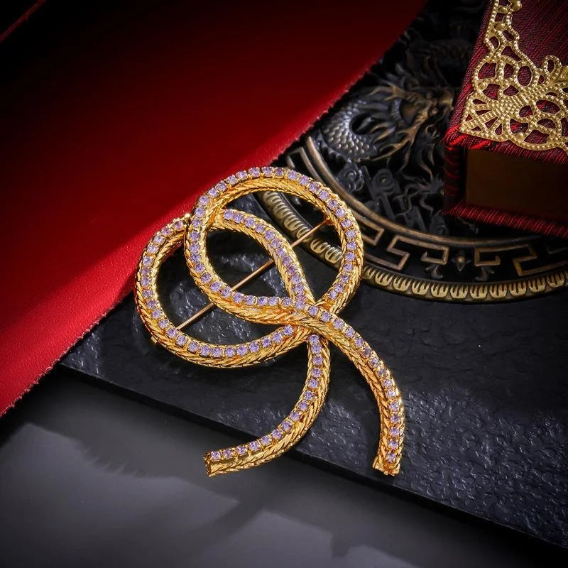 Vintage Gold Rope Bow Brooch With Purple Rhinestones, Elegant Lapel Pin And Suit Accessory Gift