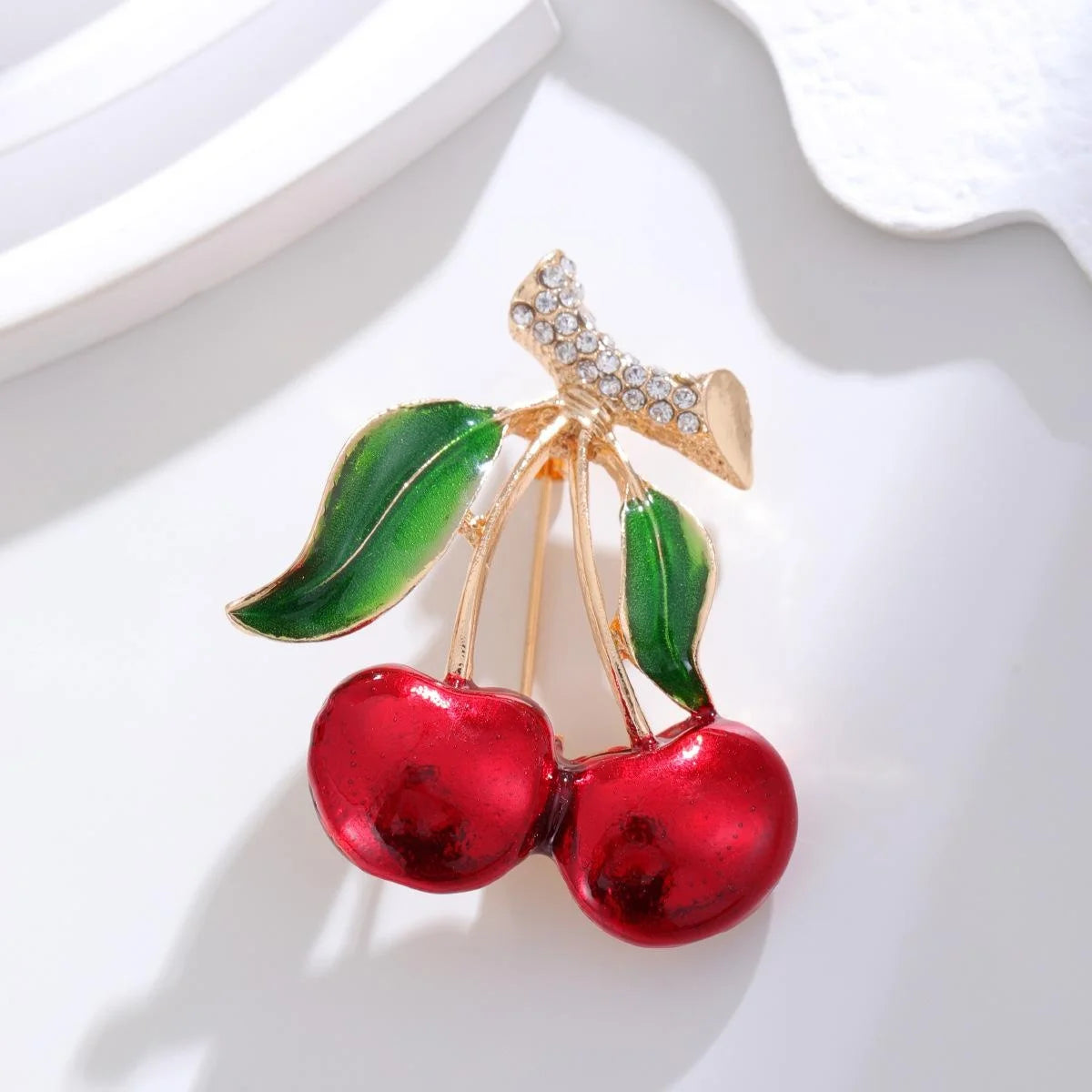 Cute Cherry Fruit Brooch With Enamel Leaves And Rhinestone Accents, Elegant Lapel Pin Corsage Gift