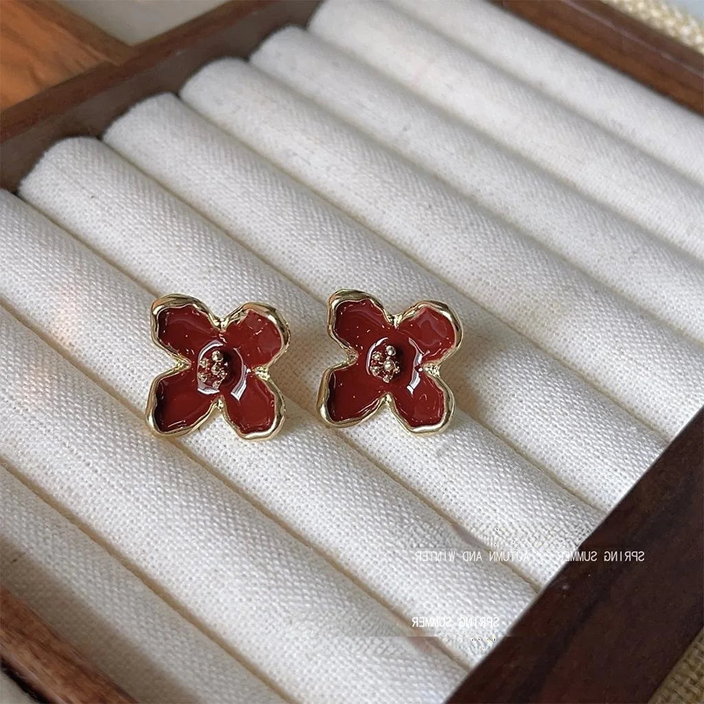 Retro Hong Kong Style Burgundy Enamel 14K Plated Copper Checkerboard Star Circle Stud Earrings