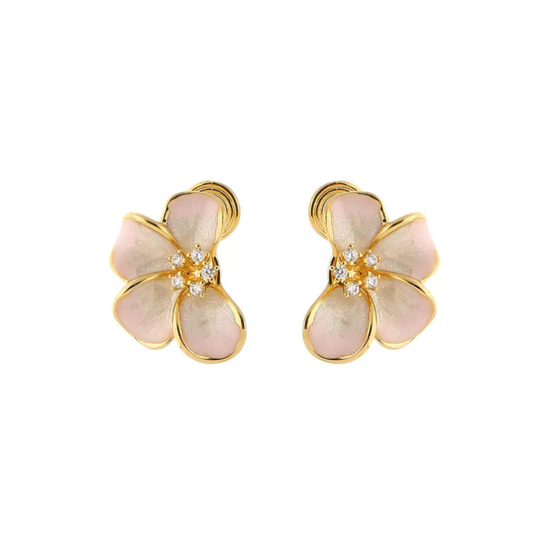 Elegant Pink Enamel Flower Alloy Rhinestone Stud & Clip On No Piercing Sweet Floral Earrings