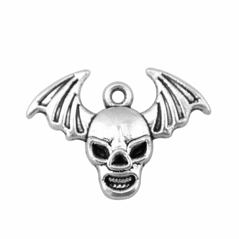 22x16mm 1.3g Antique Silver Zinc Alloy Bat Wing Skull Charm Pendant for DIY Gothic Jewelry Making