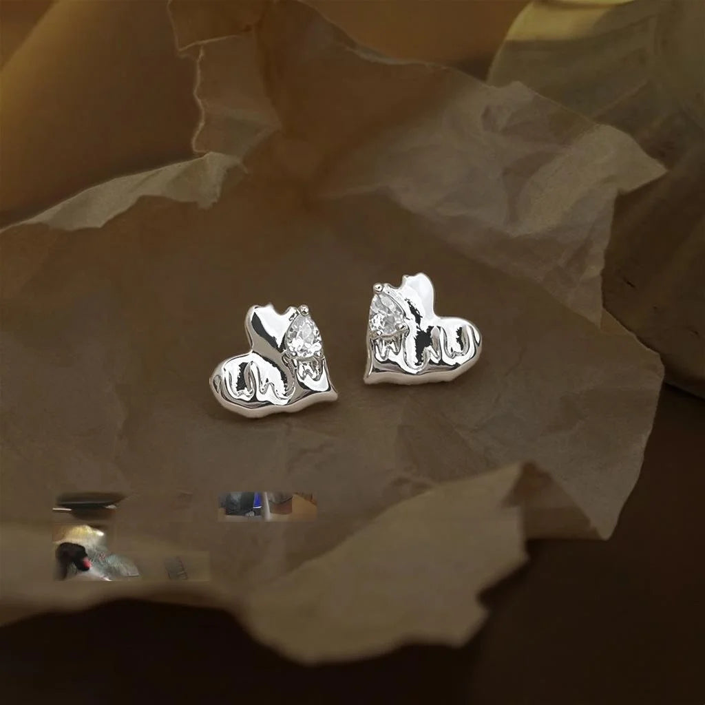 Silver Plated Eco Copper Heart Zircon Stud Earrings, Irregular Liquid Metal Minimalist Style