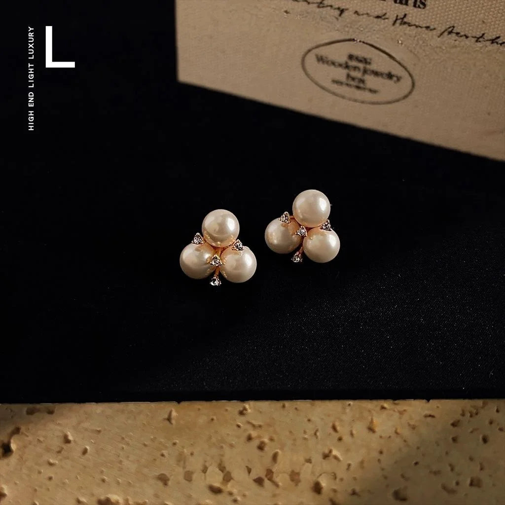 French Vintage Copper Glass Pearl Flower Stud Earrings With Micro Pave Zircon For Women