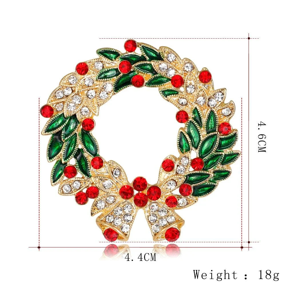Elegant Christmas Wreath Brooch With Enamel Leaves And Rhinestones, Festive Lapel Pin Corsage Gift