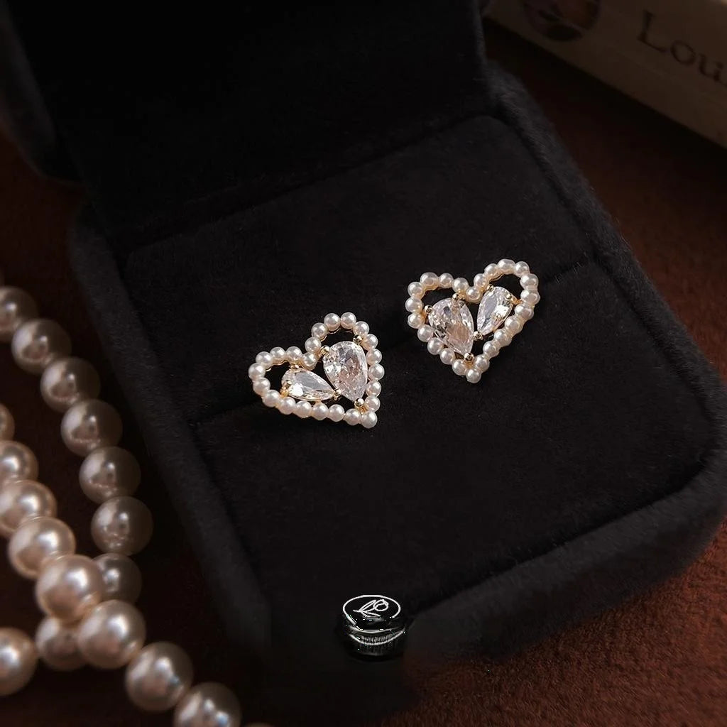 French Minimalist Heart Teardrop Zircon Stud Earrings Sweet Korean Style Copper