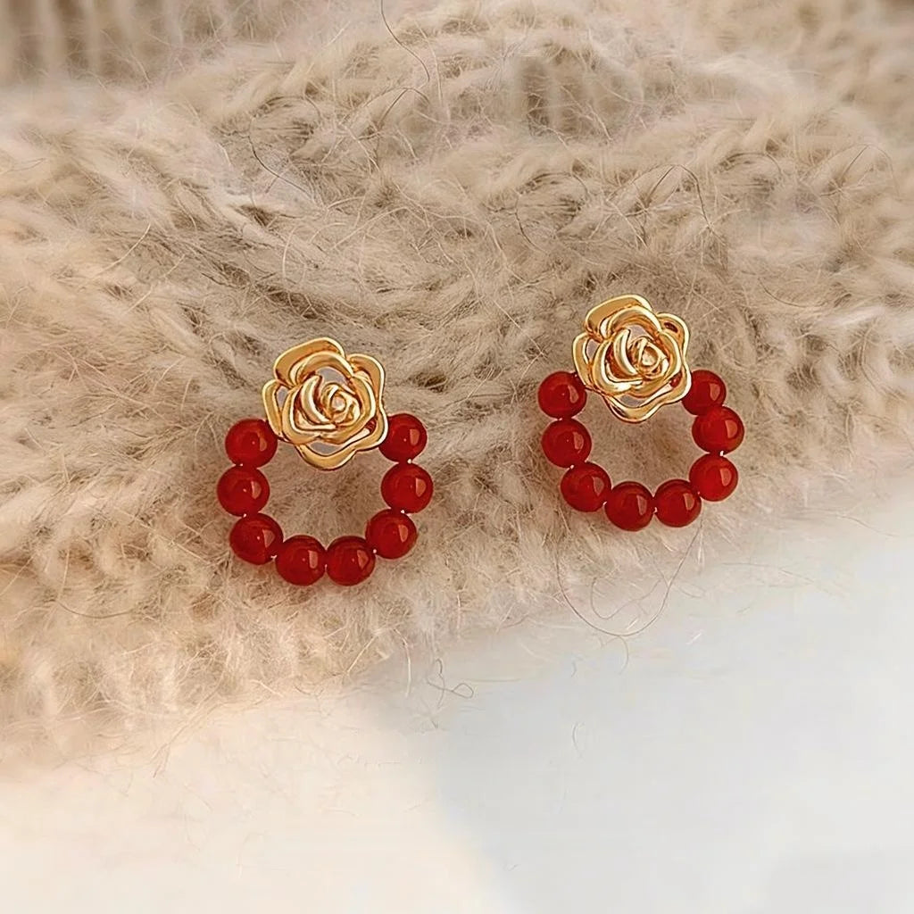 Handmade Ethnic Geometric Rose Natural Red Agate Copper Drop Earrings Posts