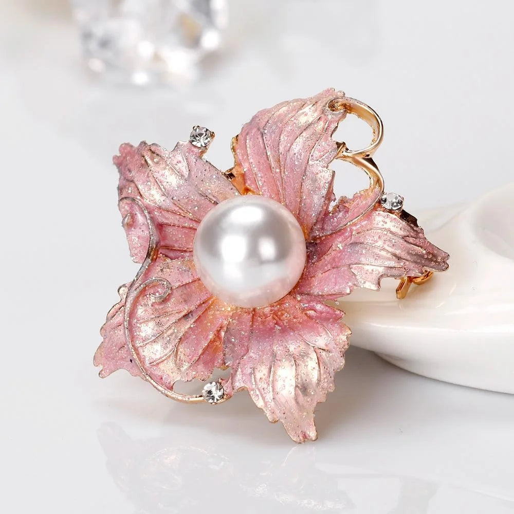 Elegant Pink Enamel Flower Brooch With Faux Pearl Rhinestones, Alloy Lapel Pin Corsage Gift