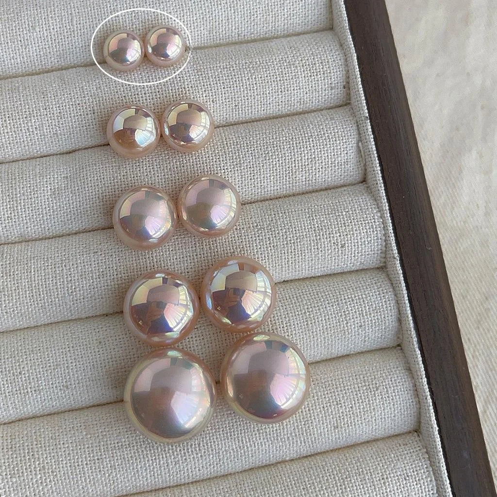 Elegant High Gloss Mabe Pearl Stud Earrings Geometric Bread Shape Pink Luster Jewelry