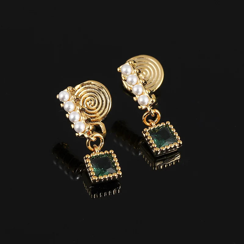Elegant Gold Alloy Spiral Pearl Square Emerald Zircon Drop Stud & Clip On No Piercing Earrings