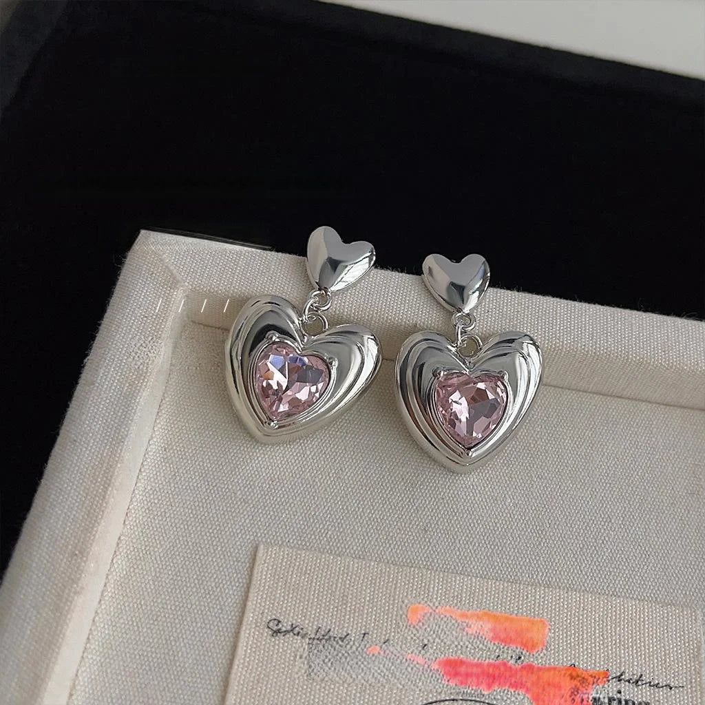 Sweet Cool Pink Glass Crystal Heart Drop Earrings Copper Minimalist Versatile Jewelry