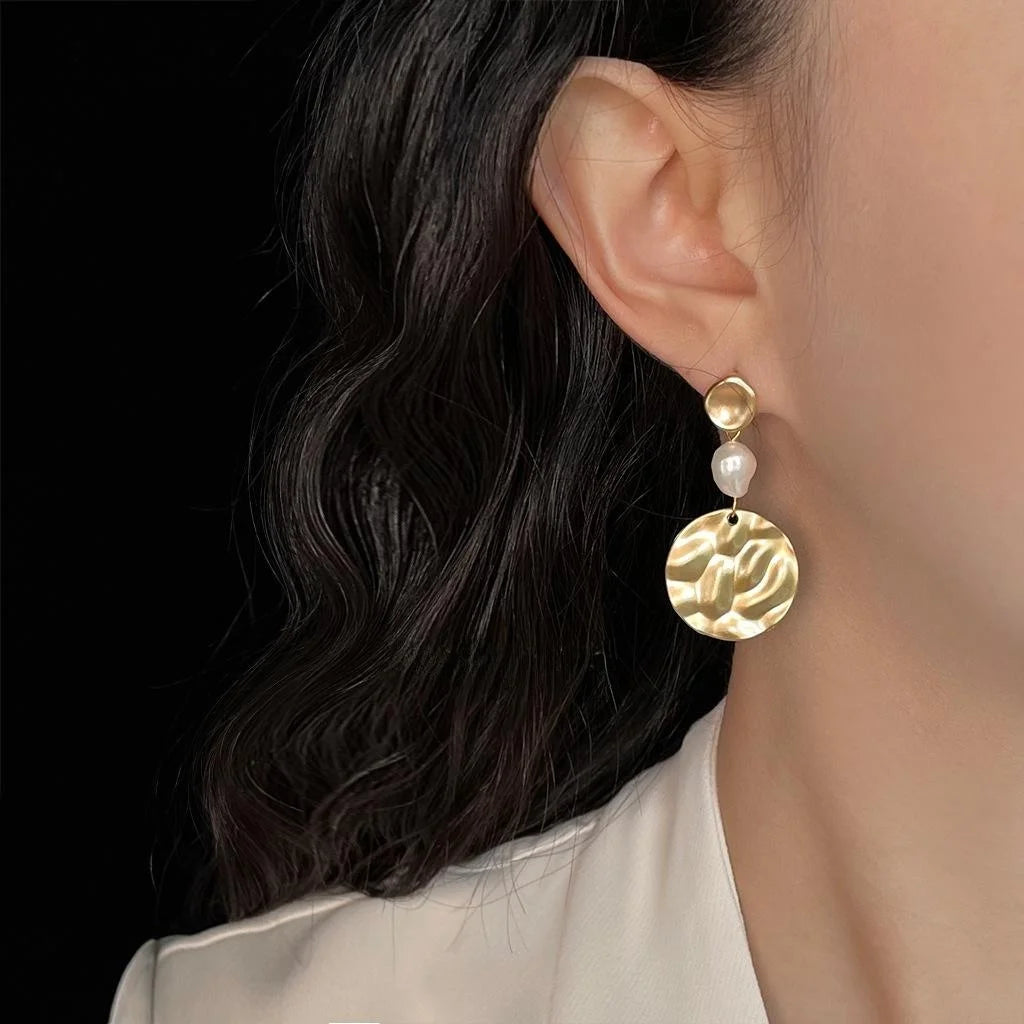 Vintage Baroque Freshwater Pearl Geometric Copper Drop Earrings With Matte Round Design