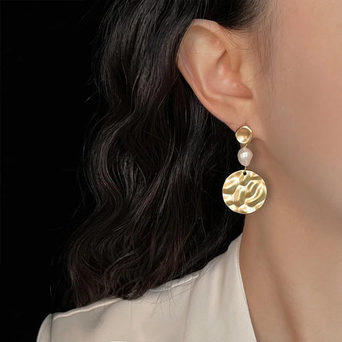 Vintage Baroque Freshwater Pearl Geometric Copper Drop Earrings With Matte Round Design