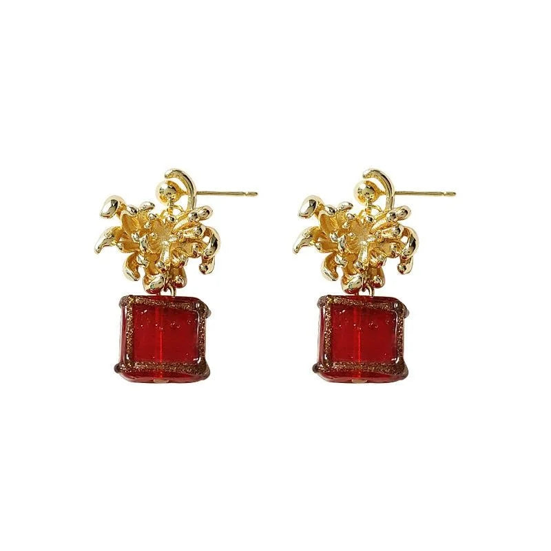 French Vintage Palace Style Daisy Flower Geometric Glass Copper Drop Earrings