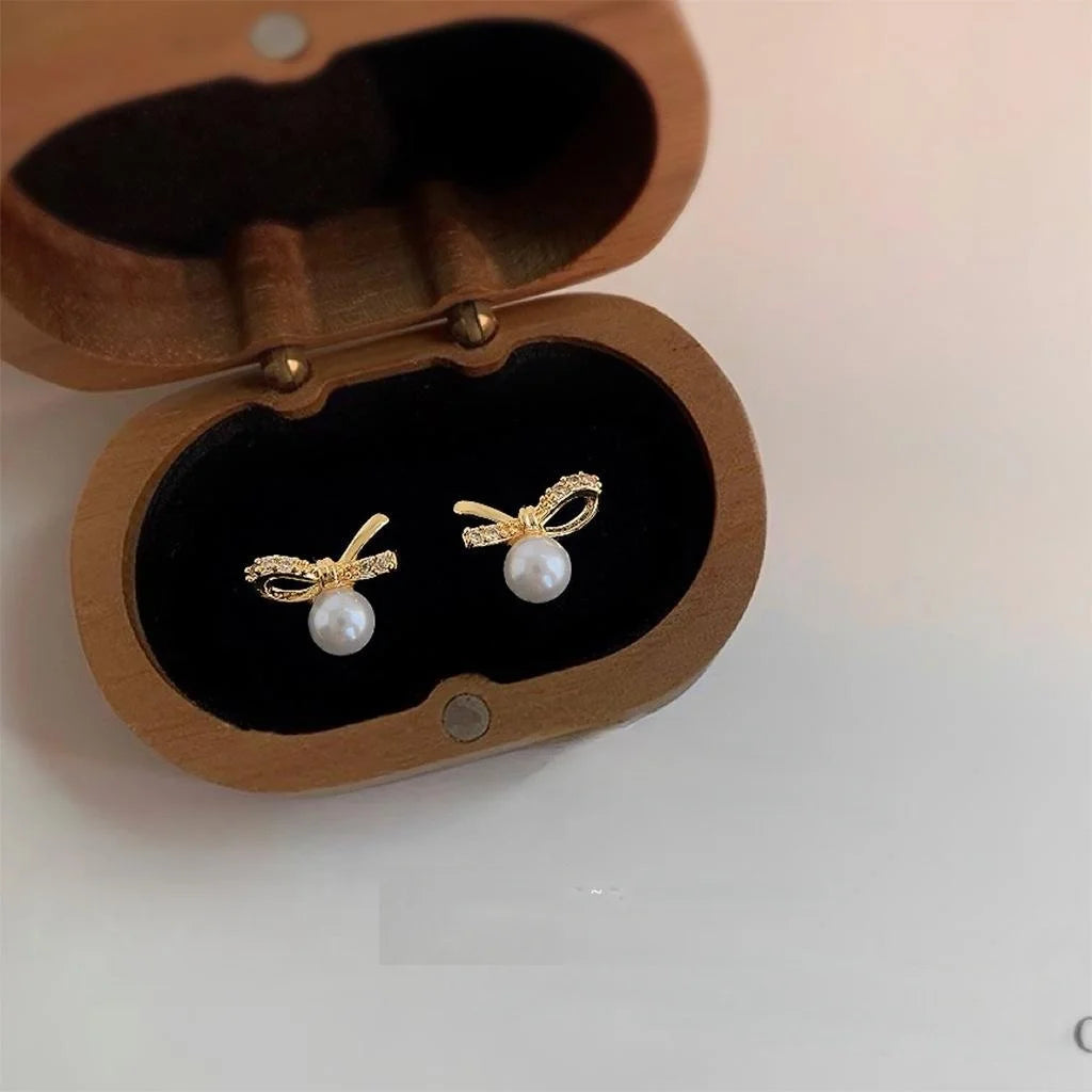 14K Plated Copper Mini Bow Pearl Stud Earrings Micro Pave Zircon Daily Versatile Jewelry