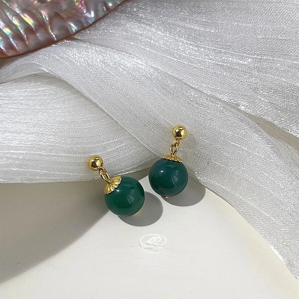 Neo Chinese Palace Style Green Agate Geometric Round Handmade Drop Earrings