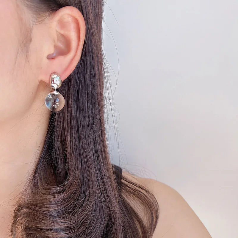 Elegant Large Smoky Crystal Ball Dangle Stud & Clip On No Piercing Silver Alloy Drop Earrings