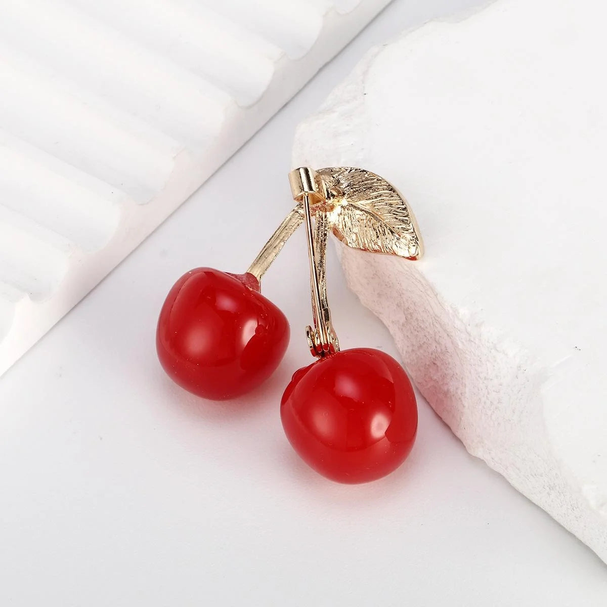 Cute Red Cherry Fruit Brooch With Glossy Enamel And Gold Alloy Leaf, Elegant Lapel Pin Suit Accessory Gift