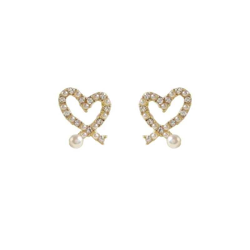 Korean Style 14K Gold Plated Heart Pearl Rhinestone Drop Earrings