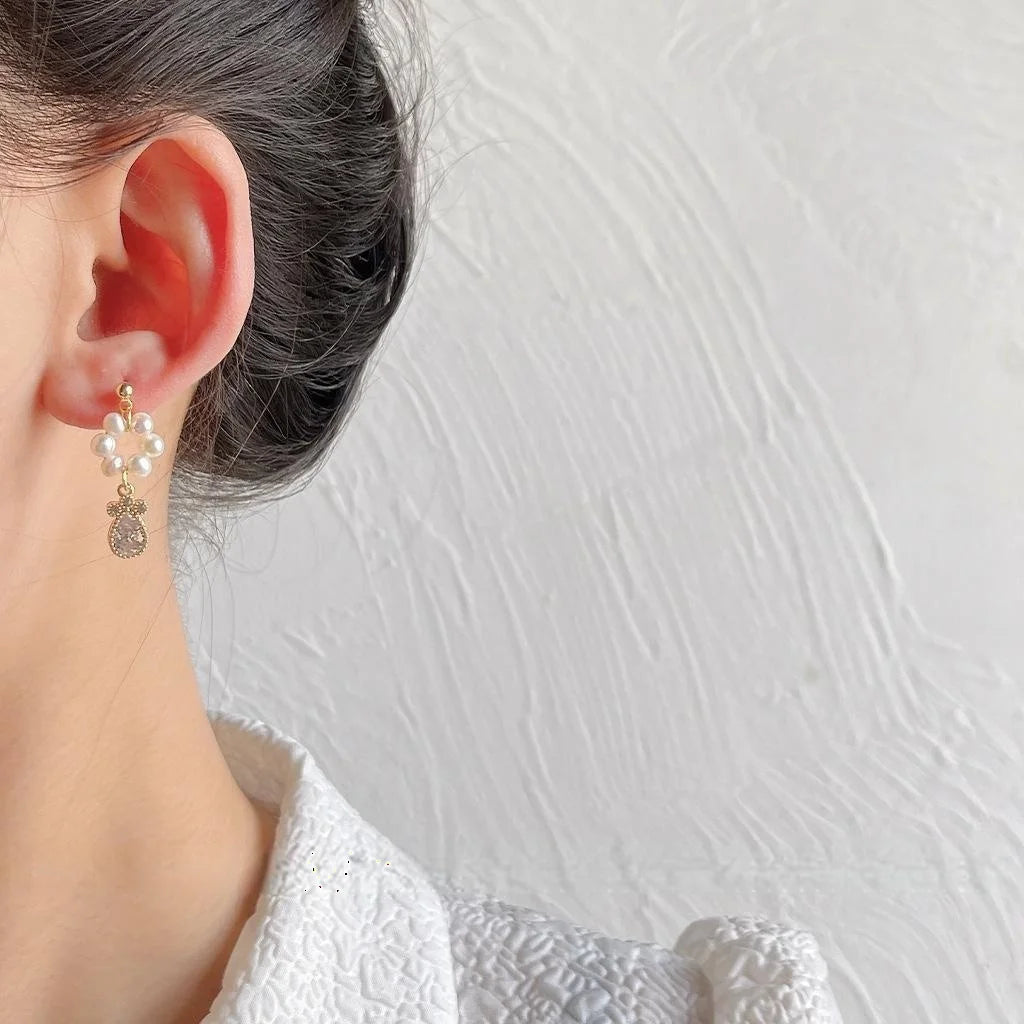 14K Gold Plated Freshwater Pearl Drop Earrings With Micro Pave Zircon Circle Geometric Design