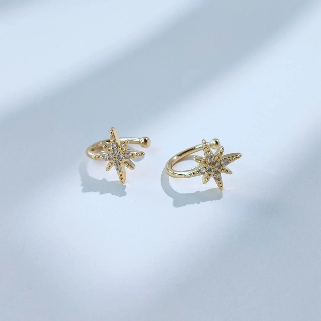 14K Gold Plated Zircon Six-Point Star Clip-On Drop Earrings Korean Minimalist Ear Cuff Jewelry