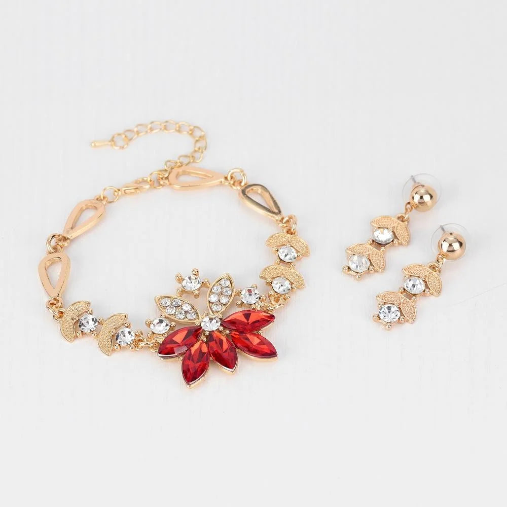 Luxury Red Crystal Rhinestone Leaf Flower Alloy Jewelry Set For Women Wedding Party Banquet Gift