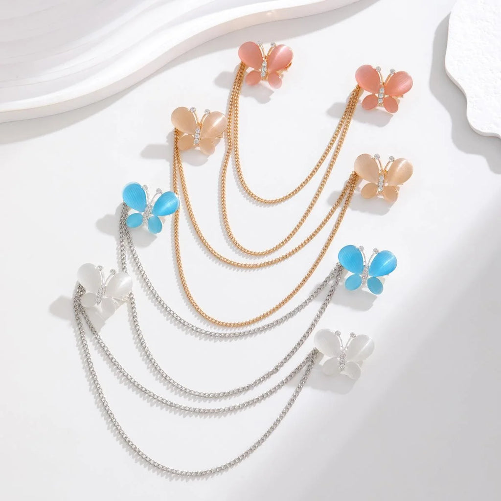 Elegant Pink Enamel Butterfly Chain Brooch With Rhinestone Alloy Collar Lapel Pin For Suit Accessory Gift