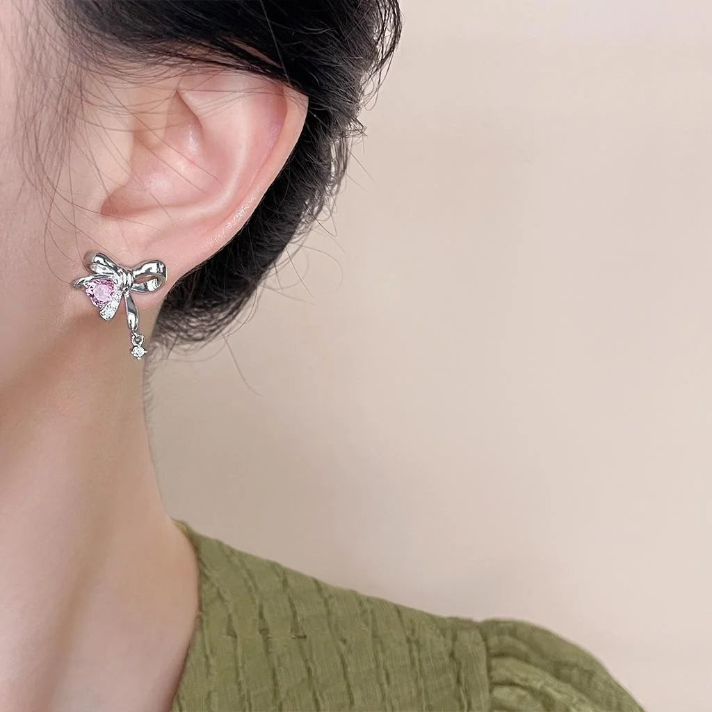 Sweet Cool Micro Pave Zircon Bow Heart Knot Stud Earrings Copper Fashion Jewelry