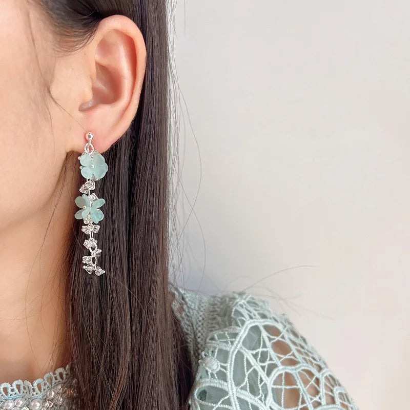 Elegant Blue Flower Crystal Vine Long Tassel Alloy Stud & Clip On No Piercing Sweet Earrings
