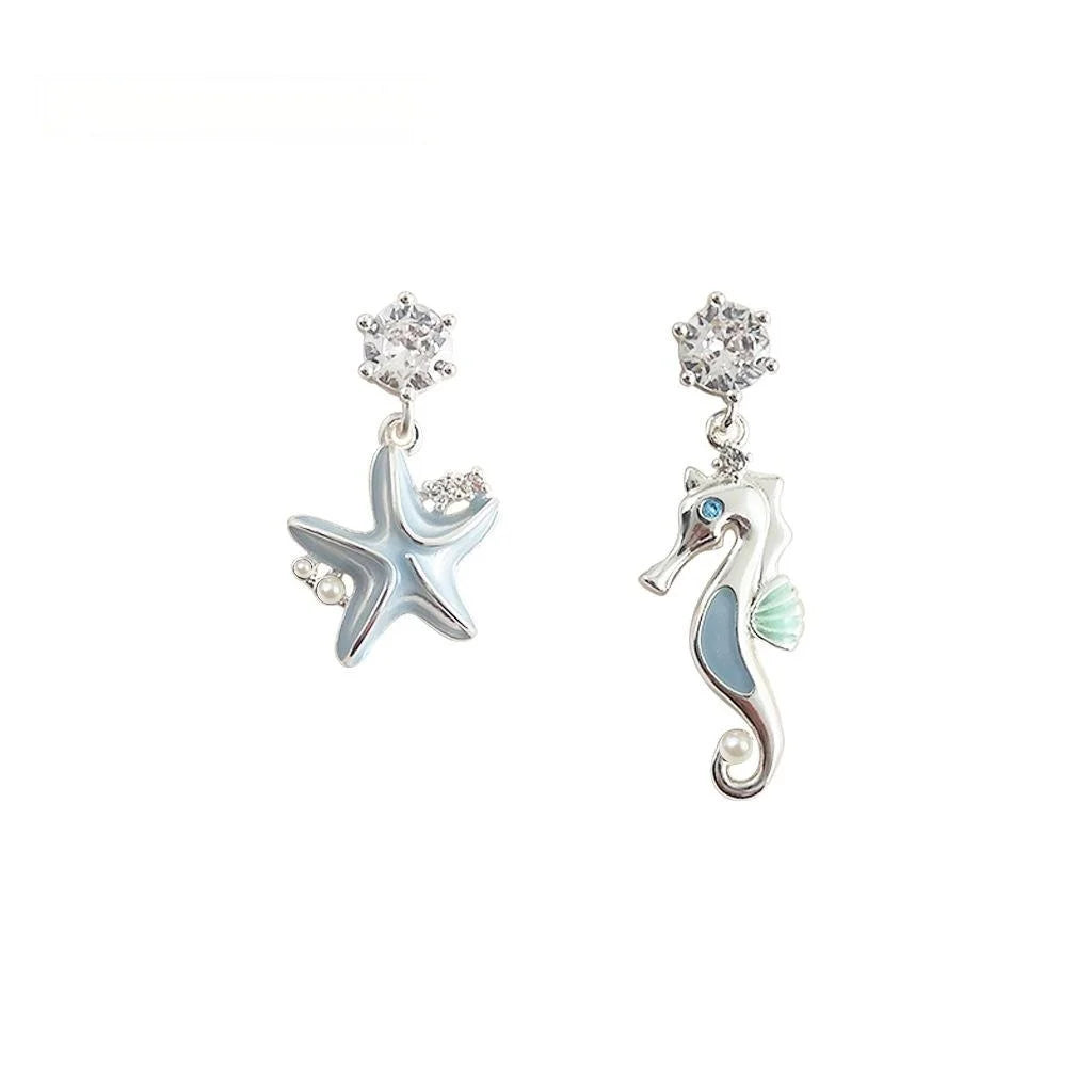 Asymmetric Enamel Seahorse Starfish Micro Pave Zircon Copper Drop Earrings