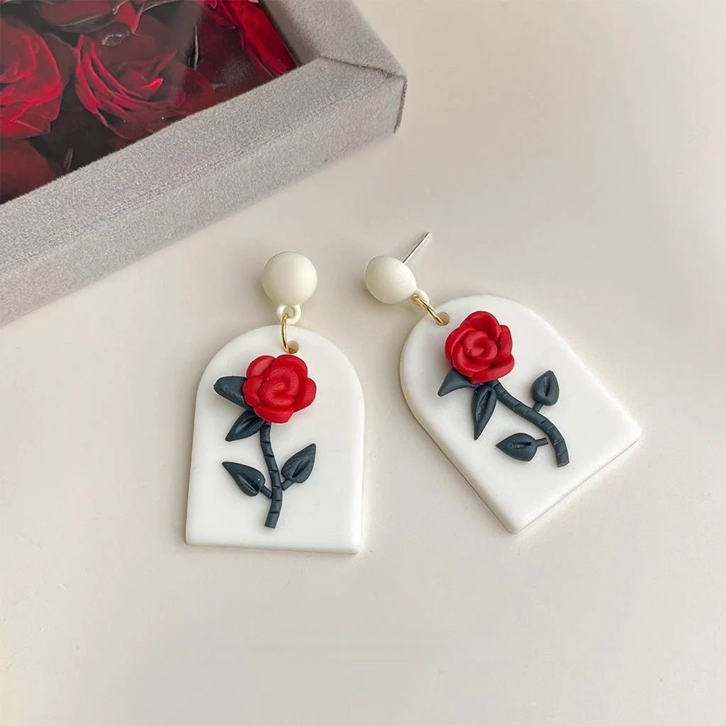 Handmade Polymer Clay Rose Flower Drop Earrings, Sweet Summer Vacation Style Jewelry