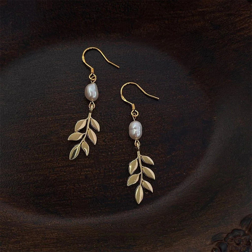 French Handmade Freshwater Pearl Copper Leaf Long Drop Earrings For Women Light Luxury Jewelry